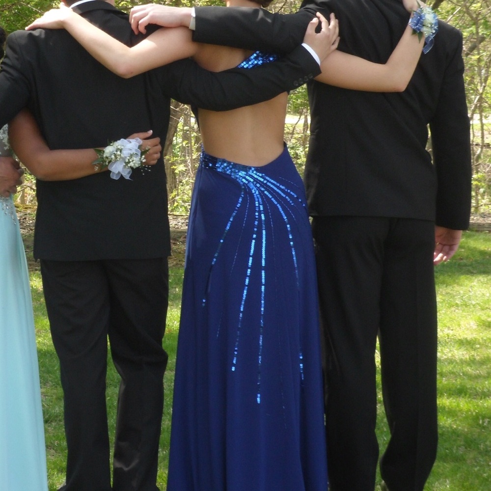 Blue one shoulder open back prom dress